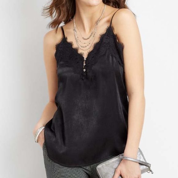 Maurices Tops - Maurices Black Lace Trim Satin Camisole Tank Top